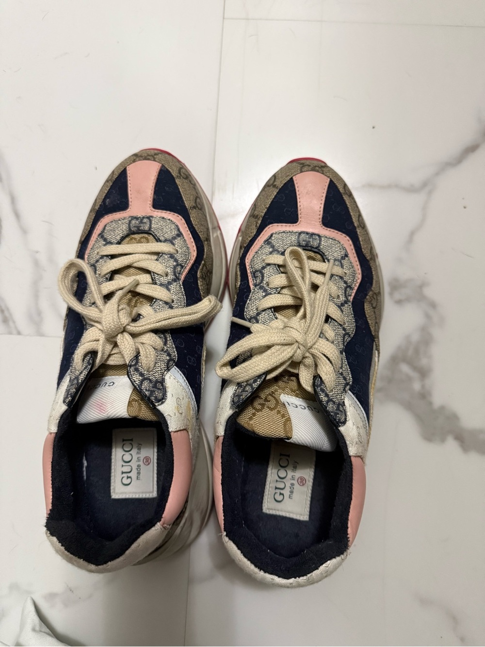 Gucci Monogram Sneakers in Navy, Pink, Beige
